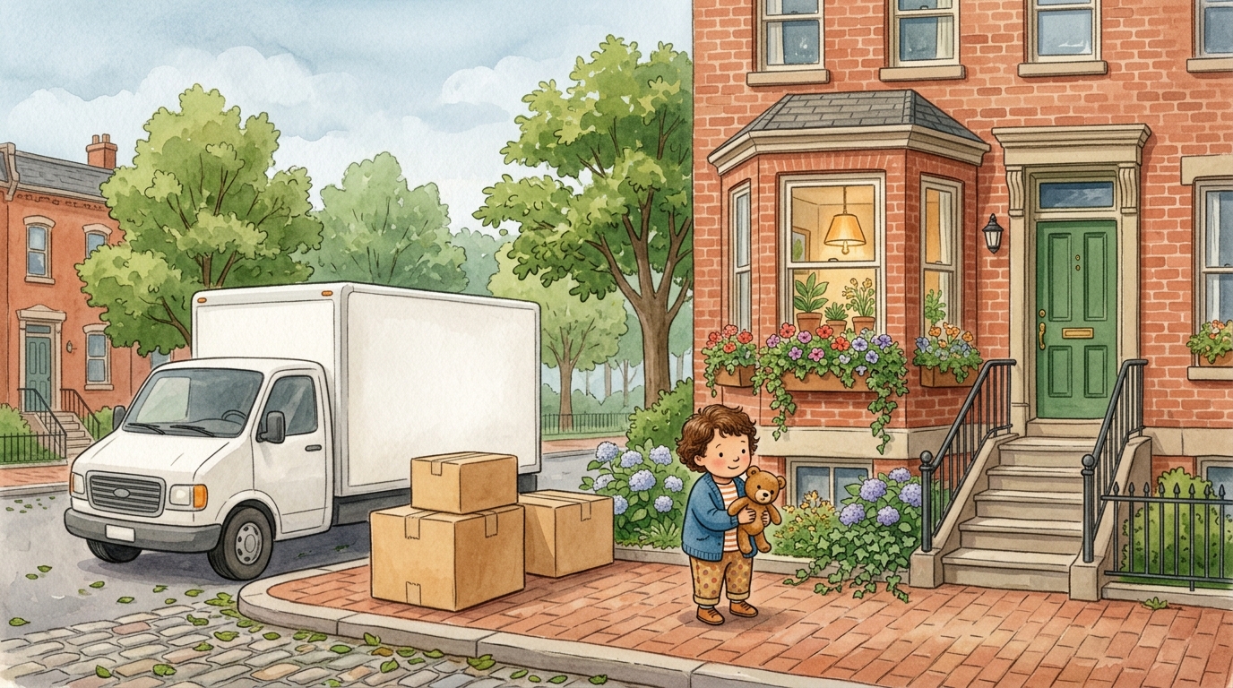 Sample illustration: a child holding a teddy bear arrives at a Washington DC rowhouse on moving day, with a moving truck and leafy park trees.